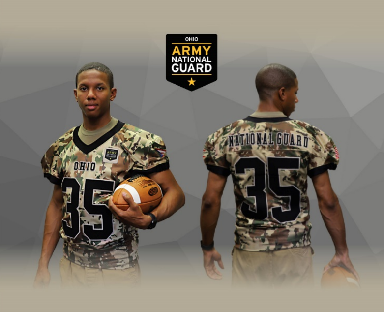 camo jersey on a football player front and back view